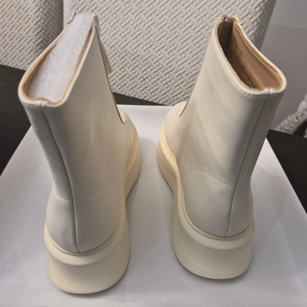 Womens Cream Front Zip Platform Ankle Boots Faux Leather Chunky Sole